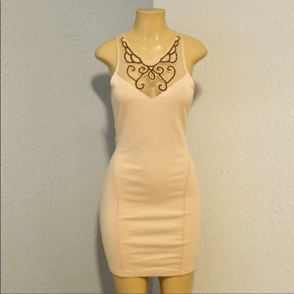 Free People Backless Sheath Dress in Light Peach with Brown Embroidery